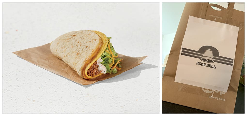 Taco and a paper bag to serve it in.